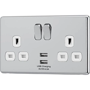 Arlec Fusion 13A 2 Gang Polished Chrome Double switched socket with 2x4A USB
