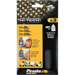 View product details for the Black and Decker Piranha Hi Tech Quick Fit Multi Sander Delta Sanding Sheets 240g Pack of 3