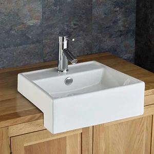 Click Basin Small Semi Recessed Square Bathroom Basin in White Ceramic 385mm Gandra