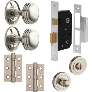Ringed Mortice Door Knob Complete Bathroom Door Pack - Satin Nickel - 76mm - Knob/Lock/Hinges - Designer Levers