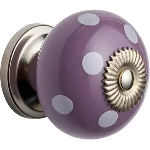 Elite Knobs & Handles Ceramic Cabinet Knob - Purple/White Polkadot - 40mm - Elite Knobs & Handles
