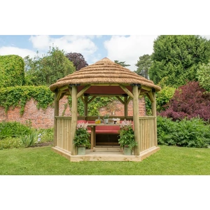 Forest Garden Forest 3.6m Hexagonal Wooden Garden Gazebo with Thatched Roof - Furnished (Terracotta)