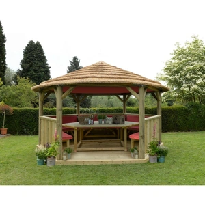 Forest Garden Forest 4.7m Hexagonal Wooden Garden Gazebo with Thatched Roof - Furnished (Terracotta)