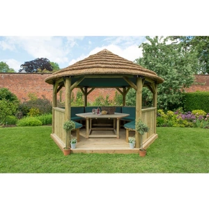 Forest Garden Forest 4m Hexagonal Wooden Garden Gazebo with Thatched Roof - Furnished (Green)