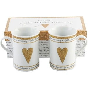 Beautifully Designed 50th Golden Anniversary Mug Set with Matching Gift Box by Happy Homewares