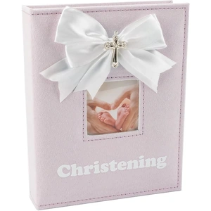 White Faux-Silk Bow and Silver Plated Cross Christening Photo Album in Pink by Happy Homewares