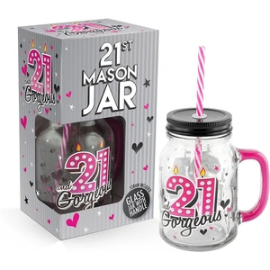21st Birthday Mason Jar With Metal Lid Glass Handle and Pink/White Straw by Happy Homewares