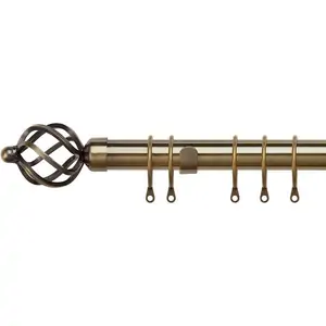 Homebase Antique Brass Metal Curtain Pole with Cage Finial - 180cm (Dia 28mm)